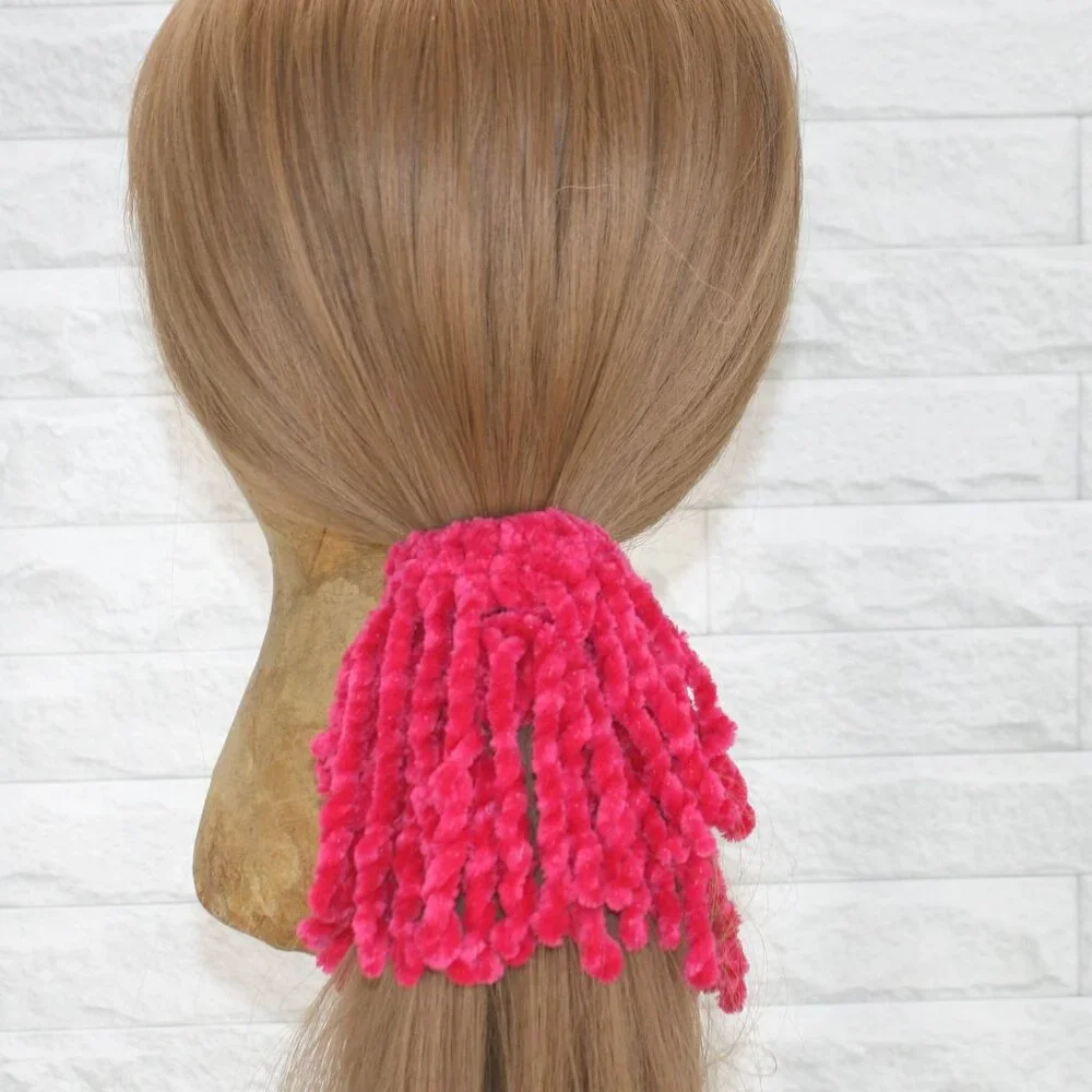 HAND CRAFTED Hair Scrunchie Fringe Crochet Kids Chenille Velvet Oversized Pink